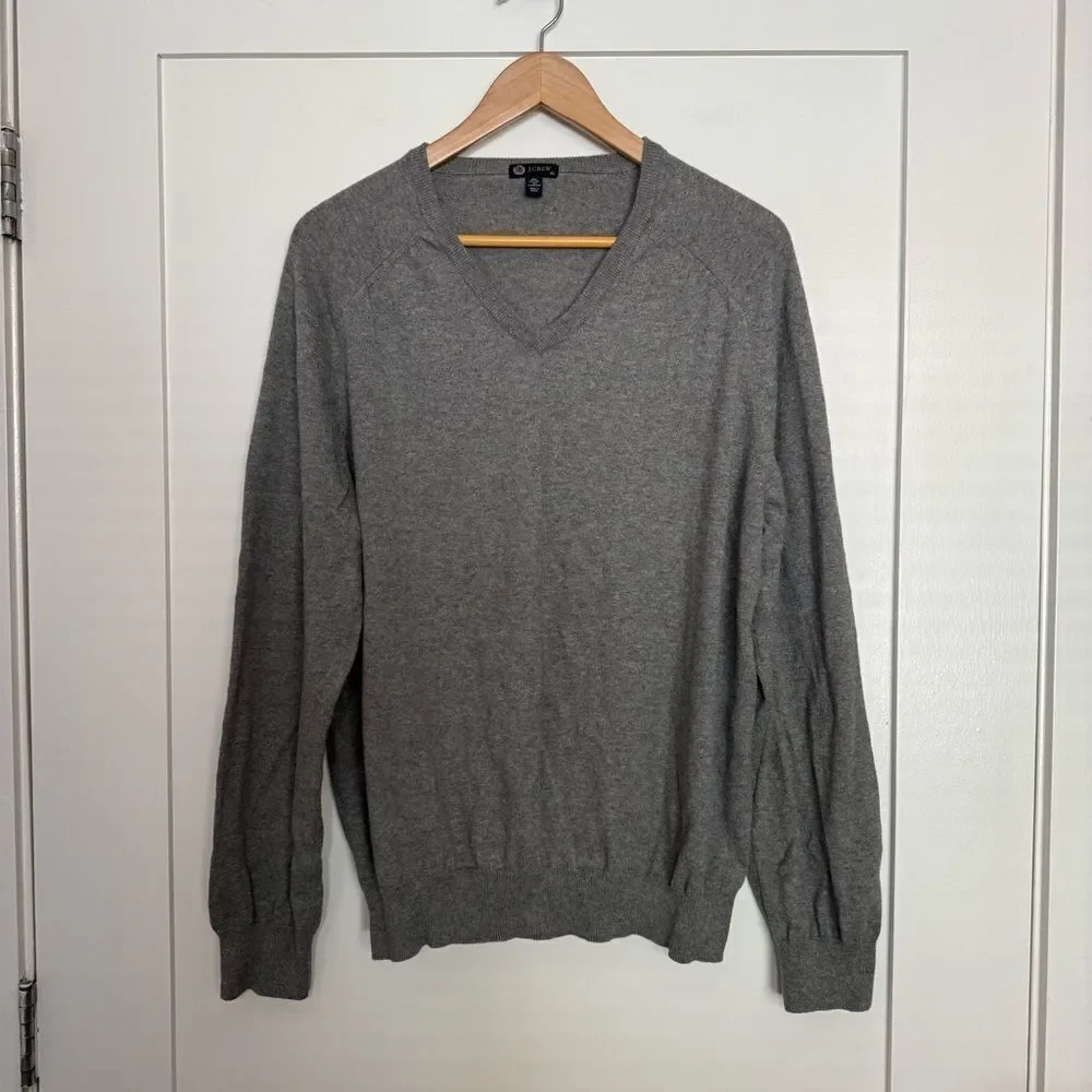J Crew Sweater Mens Sz XL Gray Knit V Neck Cotton Cashmere Office Casual Preppy
